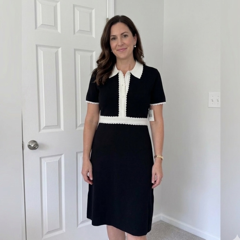 Ellen Tracy Black Midi Dress with White Trim